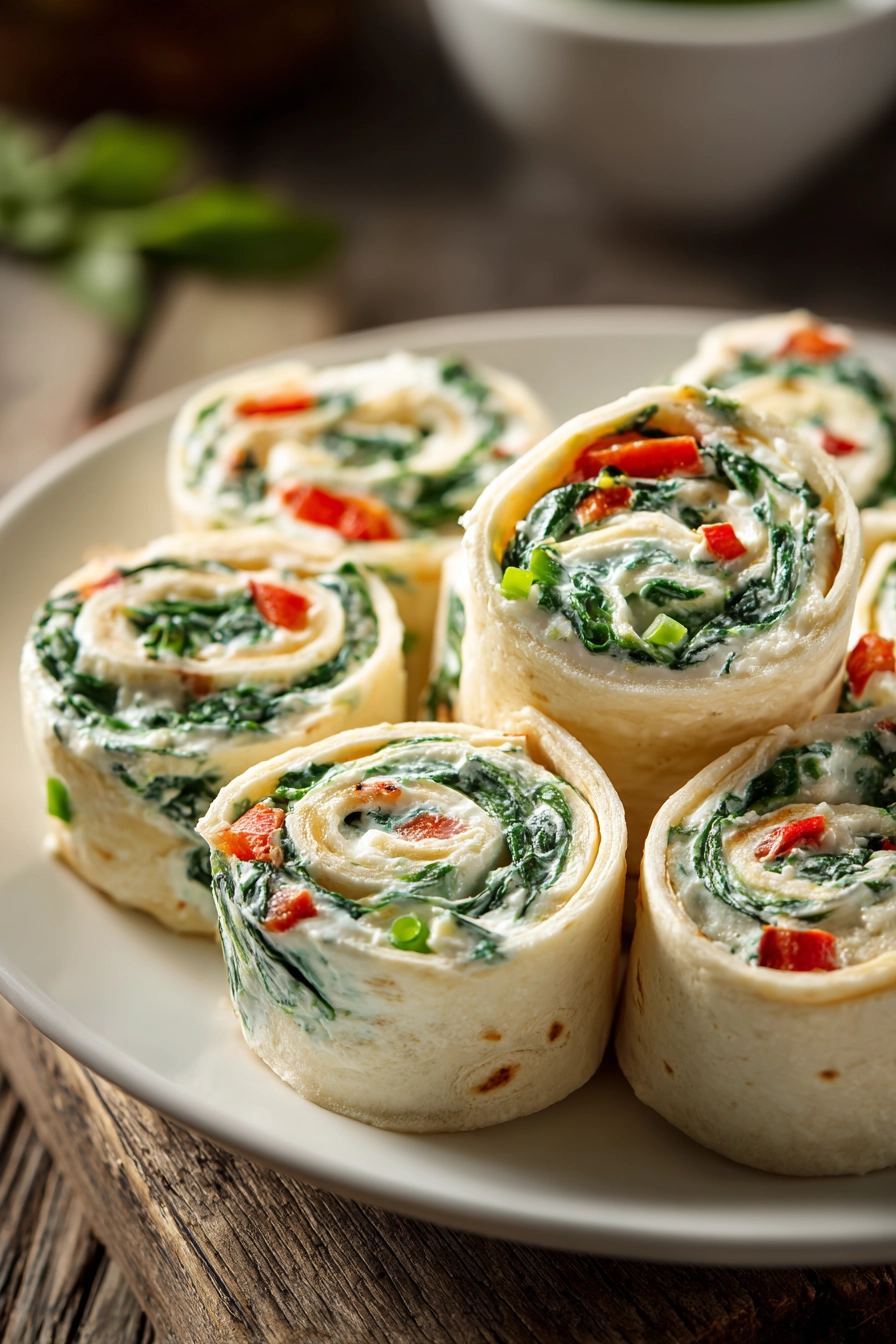 Close-up of colorful cream cheese roll-ups sliced into pinwheels, with visible bits of spinach, green onions, and red bell pepper on a white plate