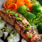 Close-up of crispy pan-seared salmon fillet with golden brown skin on a bed of white jasmine rice, garnished with steamed broccoli, carrot ribbons, green onions, sesame seeds, and drizzled with soy-ginger glaze on a rustic wooden surface.