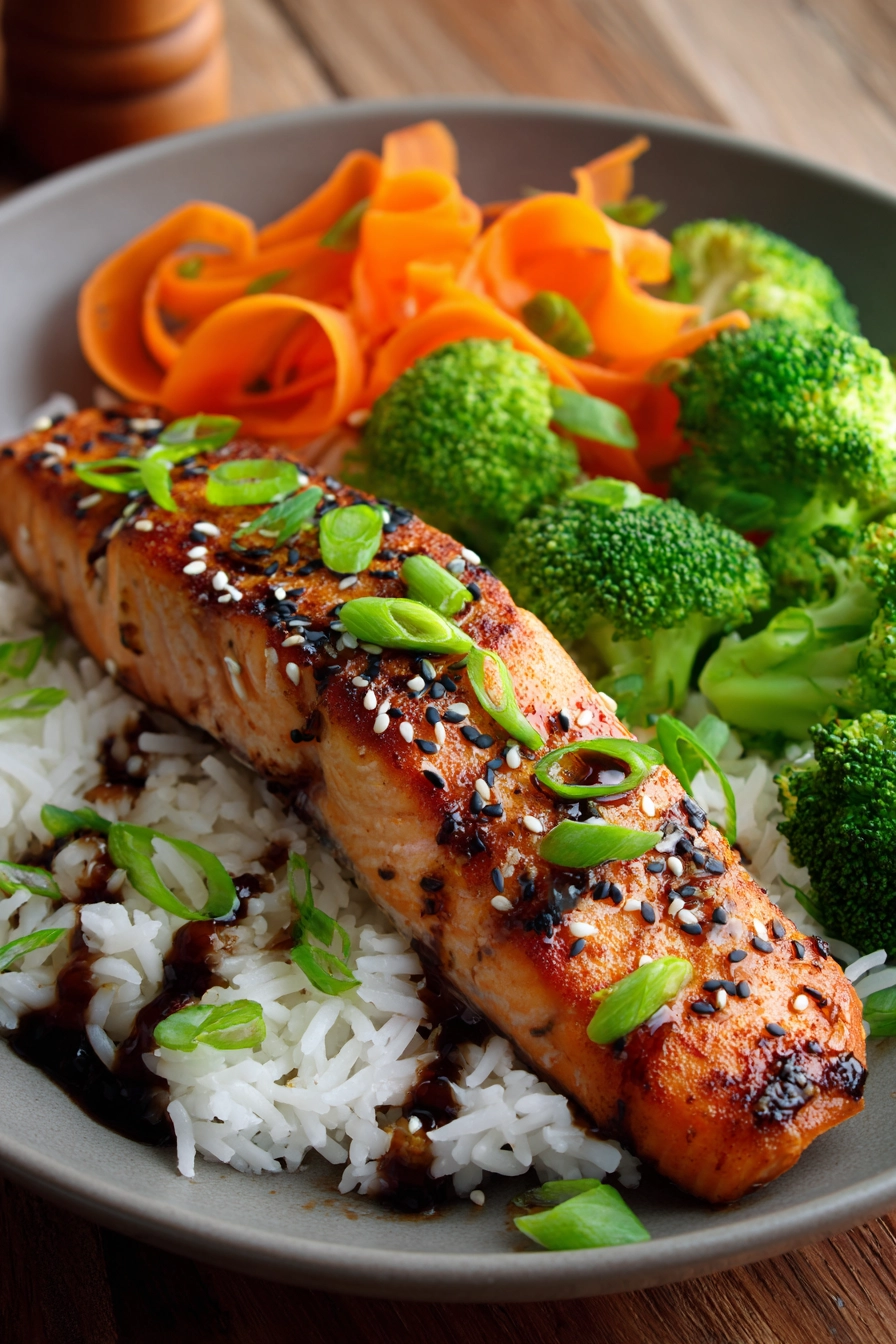 Close-up of crispy pan-seared salmon fillet with golden brown skin on a bed of white jasmine rice, garnished with steamed broccoli, carrot ribbons, green onions, sesame seeds, and drizzled with soy-ginger glaze on a rustic wooden surface.