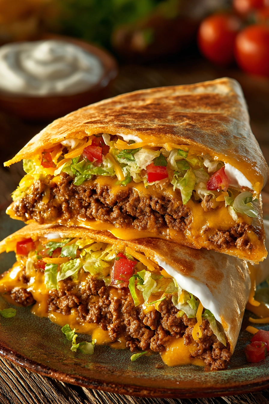 Close-up of a Crunchwrap Supreme cut in half showing layers of ground beef, nacho cheese sauce, sour cream, shredded lettuce, diced tomatoes, shredded cheddar cheese, and crispy tostada shell inside a folded large flour tortilla on a rustic plate