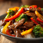 Close-up of easy beef stir fry with colorful bell peppers, broccoli, and tender beef strips on rustic wooden surface