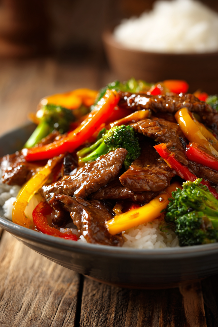 Close-up of easy beef stir fry with colorful bell peppers, broccoli, and tender beef strips on rustic wooden surface