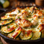Close-up of a warm chicken zucchini bake with melted cheese and tender zucchini slices on a rustic wooden surface