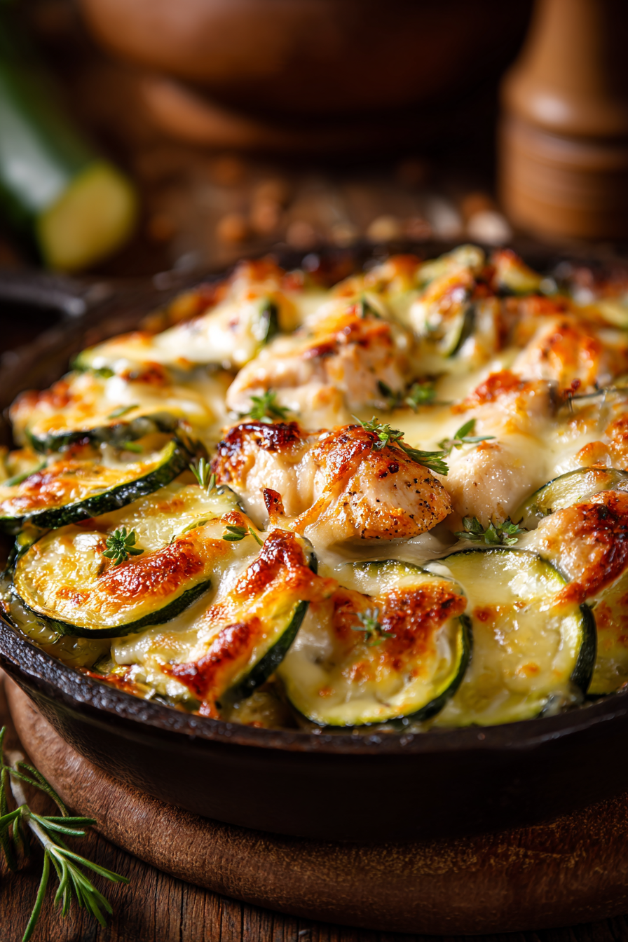 Close-up of a warm chicken zucchini bake with melted cheese and tender zucchini slices on a rustic wooden surface