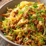 Close-up of a rustic bowl filled with stir-fried ground pork, shredded cabbage and carrots, garnished with chopped green onions and red pepper flakes, showcasing a home-cooked Egg Roll in a Bowl with warm natural lighting.
