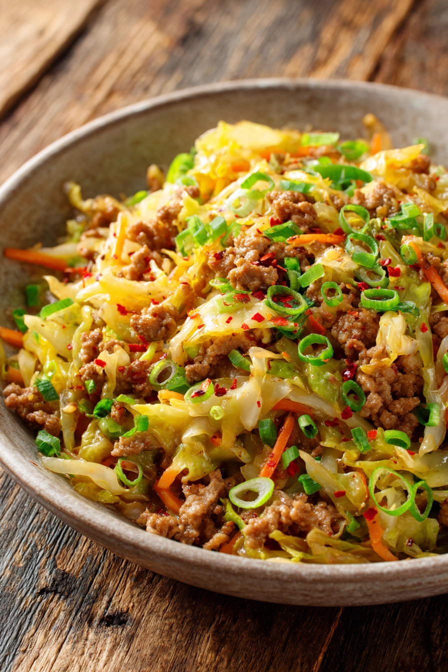 Close-up of a rustic bowl filled with stir-fried ground pork, shredded cabbage and carrots, garnished with chopped green onions and red pepper flakes, showcasing a home-cooked Egg Roll in a Bowl with warm natural lighting.