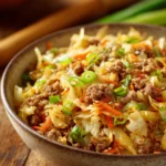 Close-up of a rustic shallow bowl filled with sautéed ground pork, shredded cabbage, carrots, and green onions, glistening with soy sauce and sesame oil, showcasing a cozy home-cooked meal.