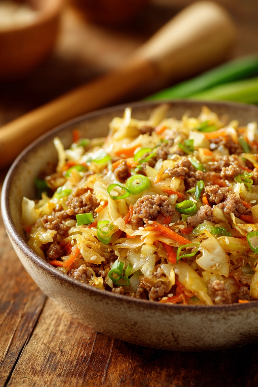Close-up of a rustic shallow bowl filled with sautéed ground pork, shredded cabbage, carrots, and green onions, glistening with soy sauce and sesame oil, showcasing a cozy home-cooked meal.