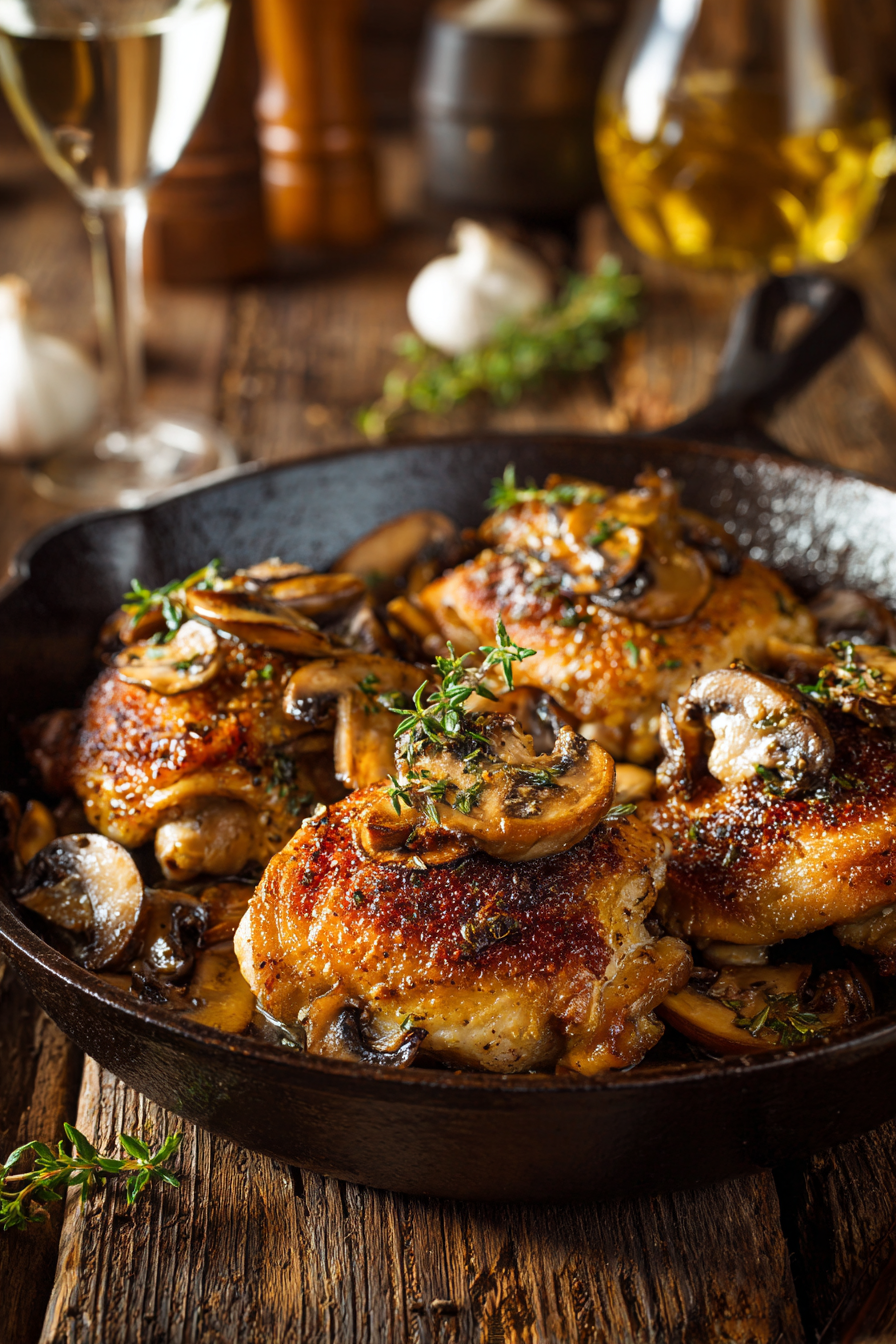 Close-up of garlic mushroom chicken with tender seared chicken thighs topped with sautéed garlic mushrooms on a rustic wooden surface with warm lighting