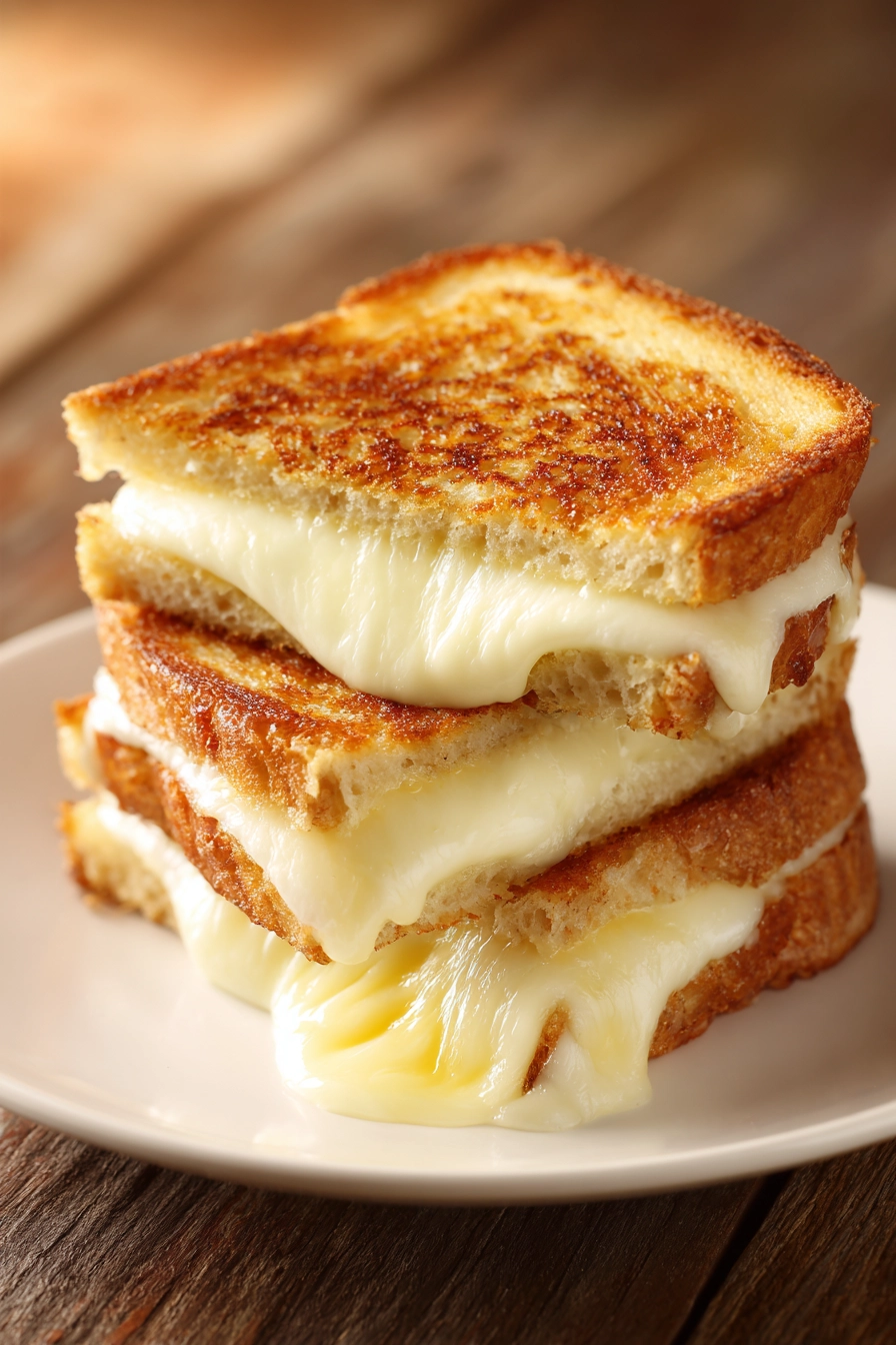 Close-up top-down view of a grilled mozzarella sandwich with crispy golden brown bread and melted mozzarella oozing on a white plate