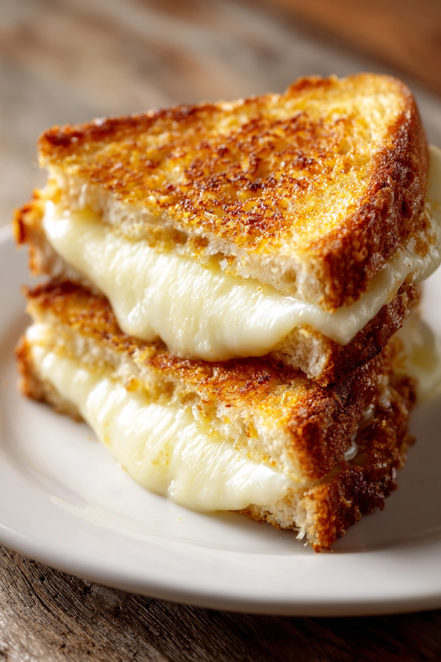 Close-up top-down photo of a grilled mozzarella sandwich cut diagonally, showing crispy golden-brown bread and melted mozzarella cheese oozing on a plain white plate