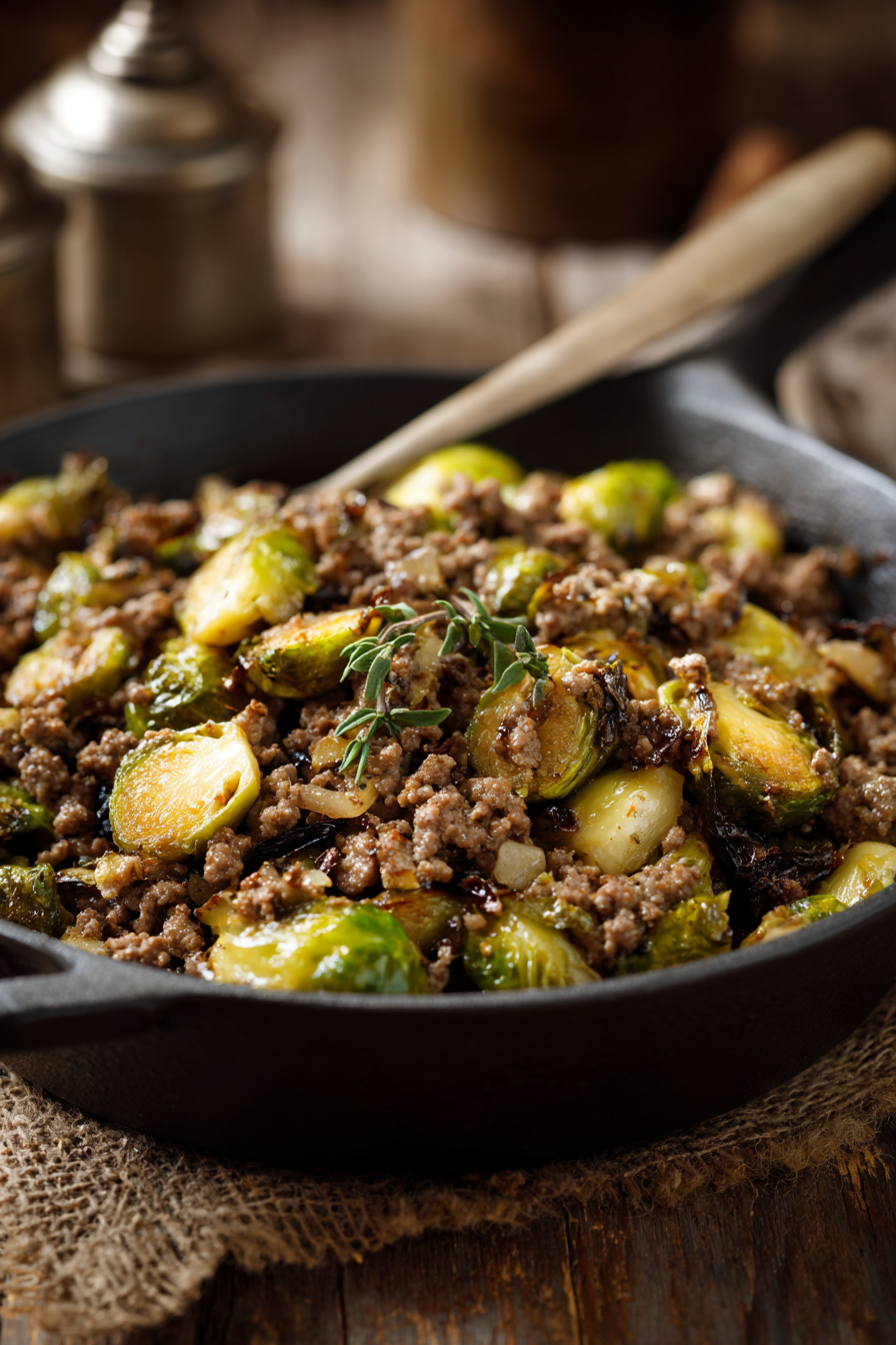 Close-up of a rustic skillet filled with golden caramelized Brussels sprouts and savory ground beef on a wooden surface with warm natural lighting