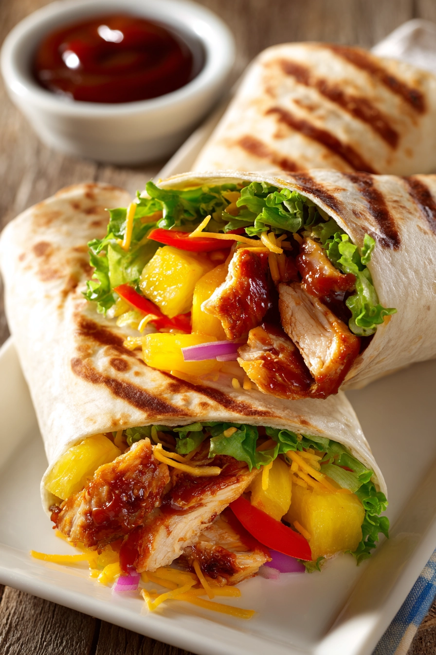 Close-up of Hawaiian BBQ chicken wraps cut in half, stacked on a white plate with bright pineapple chunks, red bell peppers, shredded lettuce, and sweet BBQ sauce in a ramekin.