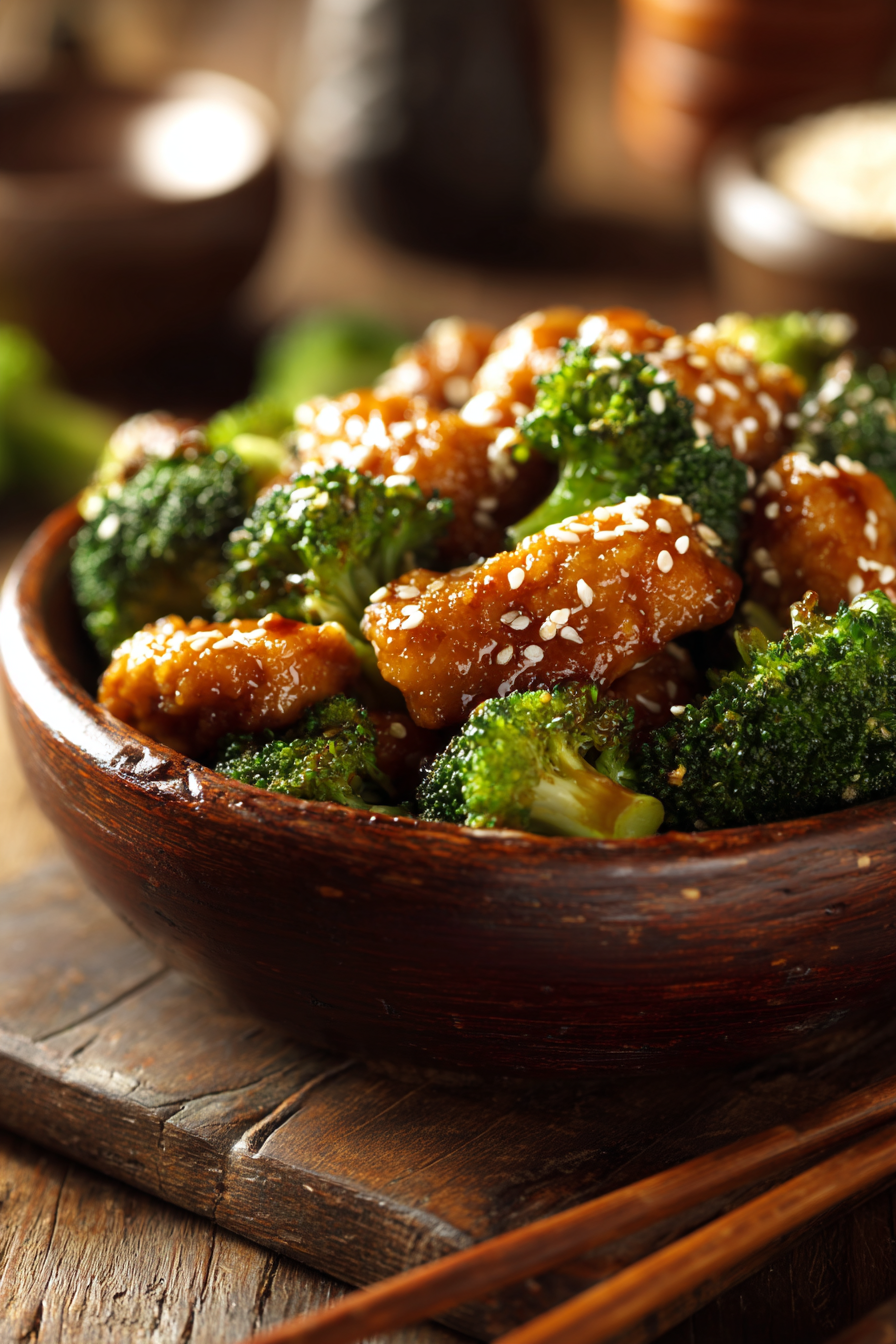 Close-up of healthy sesame chicken and broccoli in sesame sauce on rustic wooden surface with warm natural lighting