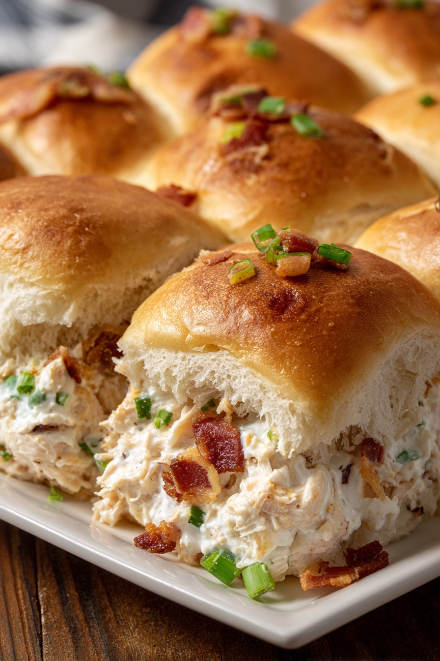 Close-up of homemade Costco chicken bake rolls with golden brown crust and creamy filling of chicken, mozzarella, bacon, and green onions on a white rectangular plate