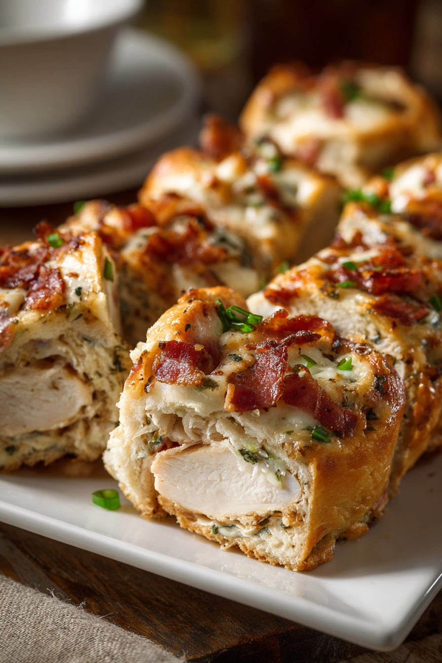 Close-up of sliced homemade Costco chicken bake with golden brown crust, melted mozzarella and cheddar cheese, crispy bacon bits, and green onion on a white rectangular plate.