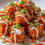 Close-up of golden crispy bang bang salmon bites arranged in a circle on a white plate, drizzled with creamy spicy mayo and sweet chili sauce, garnished with sliced green onions and sesame seeds