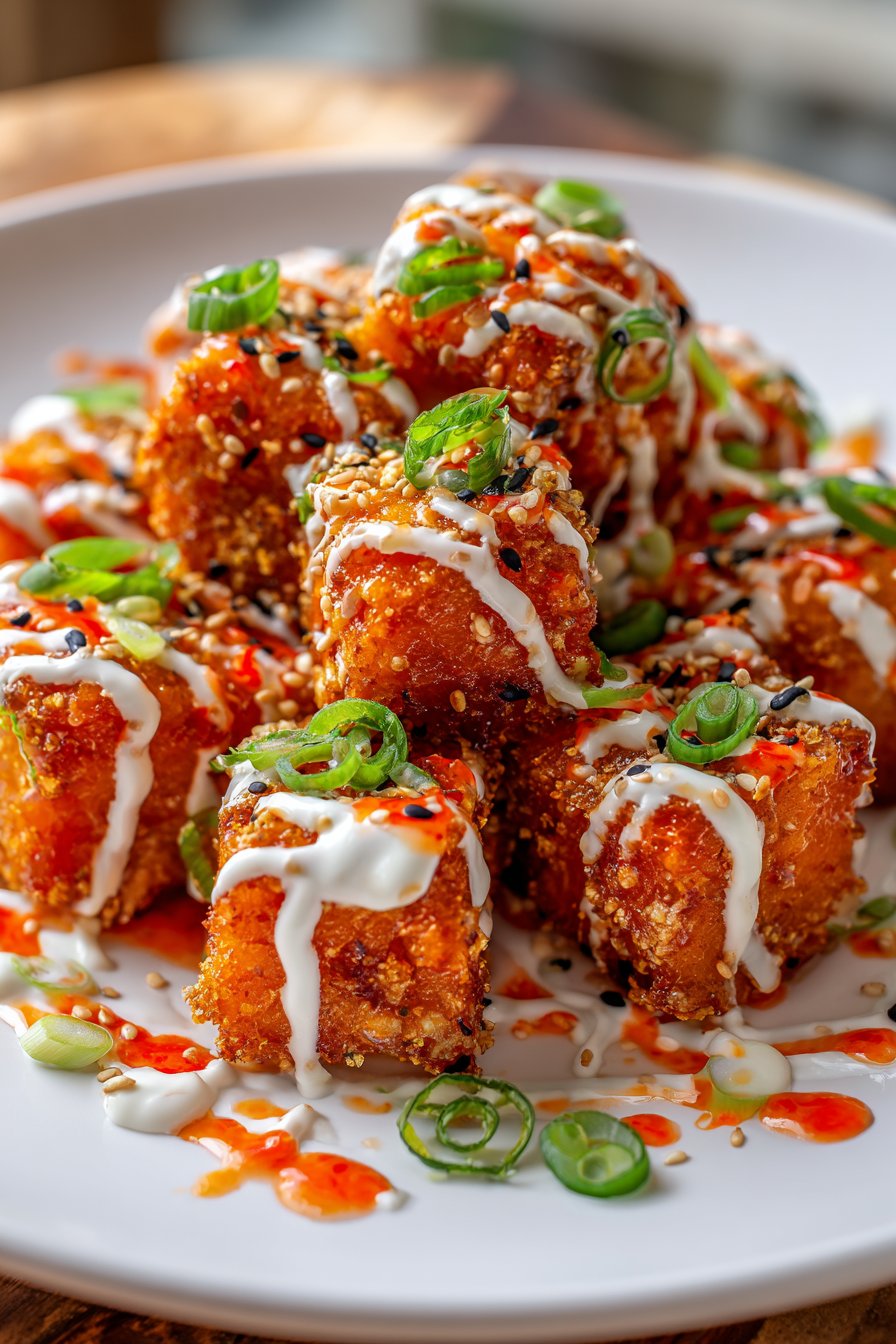 Close-up of golden crispy bang bang salmon bites arranged in a circle on a white plate, drizzled with creamy spicy mayo and sweet chili sauce, garnished with sliced green onions and sesame seeds