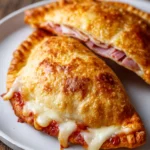 Close-up of two homemade hot pockets with flaky golden crust, melted mozzarella cheese oozing, deli ham inside, on a white plate with rustic background