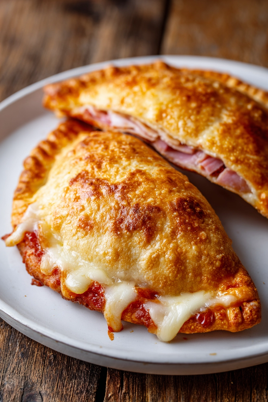 Close-up of two homemade hot pockets with flaky golden crust, melted mozzarella cheese oozing, deli ham inside, on a white plate with rustic background