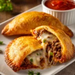 Close-up of two homemade hot pockets with golden crispy crust and melted mozzarella cheese oozing out, filled with ground beef, diced onions, and bell peppers in Italian tomato sauce, served on a white plate with marinara sauce ramekin