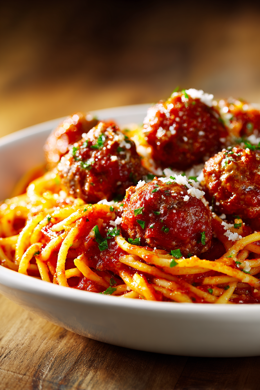 Close-up of homemade one pot spaghettios and meatballs served in a shallow white bowl, featuring soft spaghetti pasta coated with smooth tomato sauce, tender brown meatballs, green Italian herb flecks, and sprinkled parmesan cheese on a rustic wooden surface with warm natural lighting