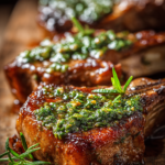 Close-up of succulent lamb chops topped with green mint sauce on rustic wooden surface with warm natural lighting