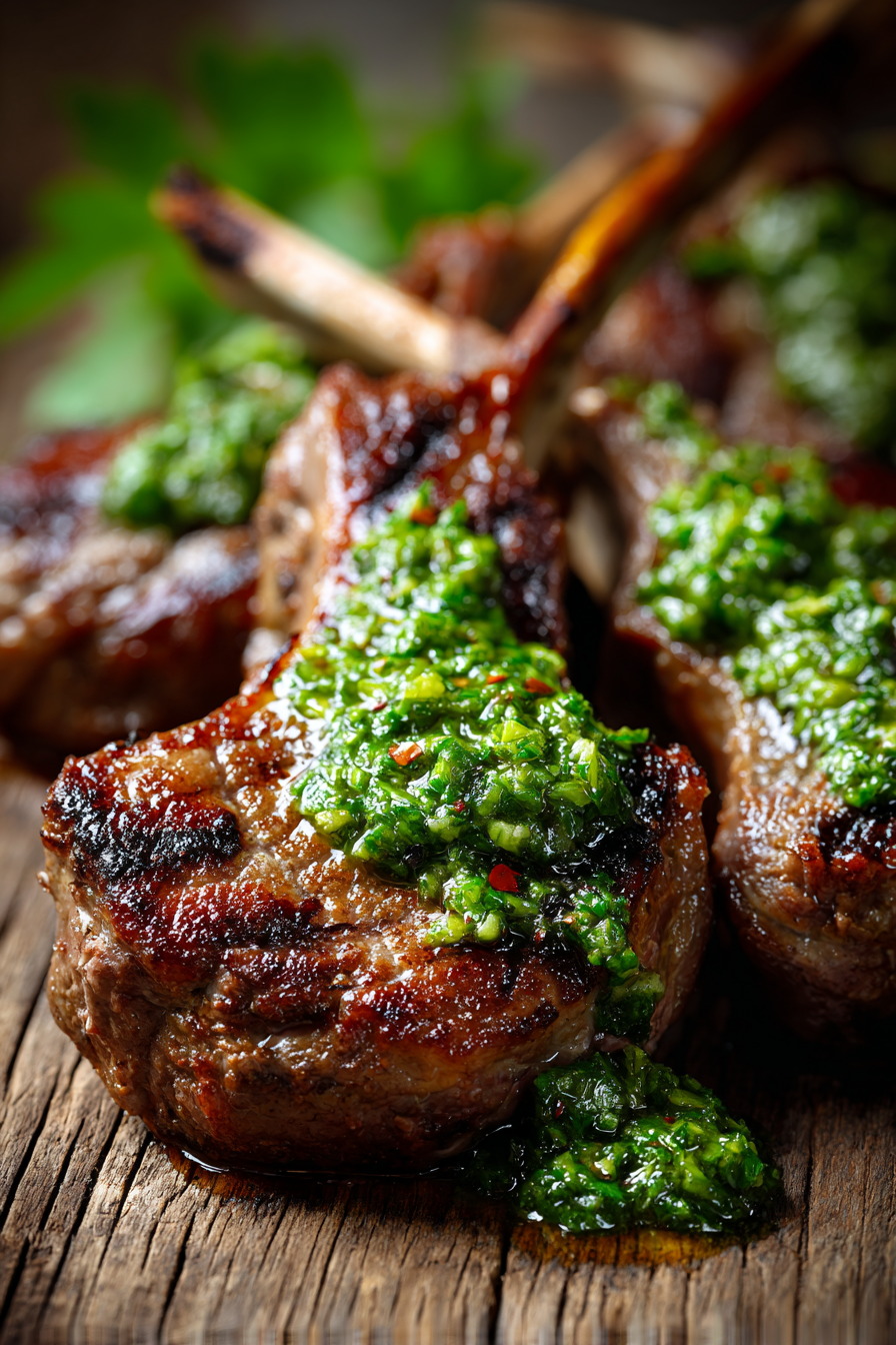 Close-up photo of grilled lamb chops topped with fresh green mint sauce on a rustic wooden surface, warm natural light enhancing the texture and color.