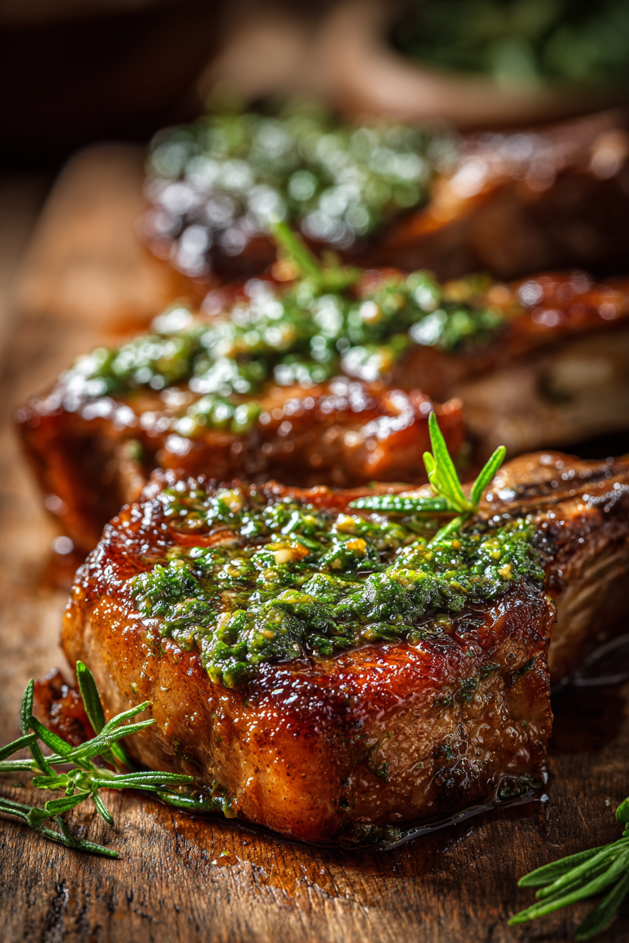 Close-up of succulent lamb chops topped with green mint sauce on rustic wooden surface with warm natural lighting