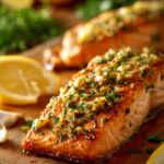 Close-up of lemon garlic baked salmon with crispy skin and lemon wedges on a rustic wooden surface