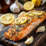 Close-up of lemon garlic baked salmon with a golden crust, garnished with lemon slices and garlic on a rustic wooden surface