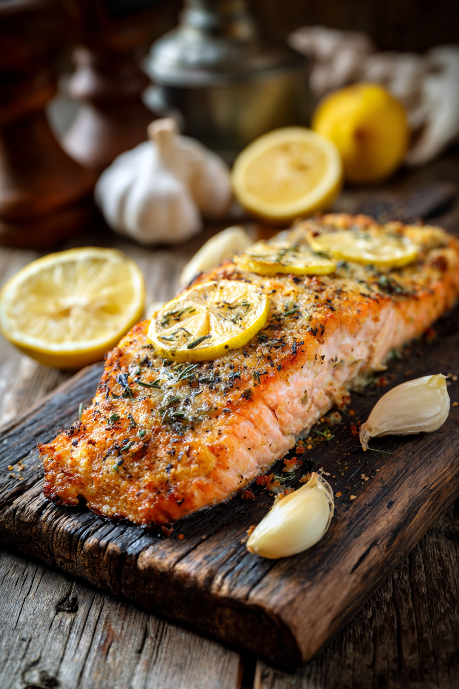 Close-up of lemon garlic baked salmon with a golden crust, garnished with lemon slices and garlic on a rustic wooden surface