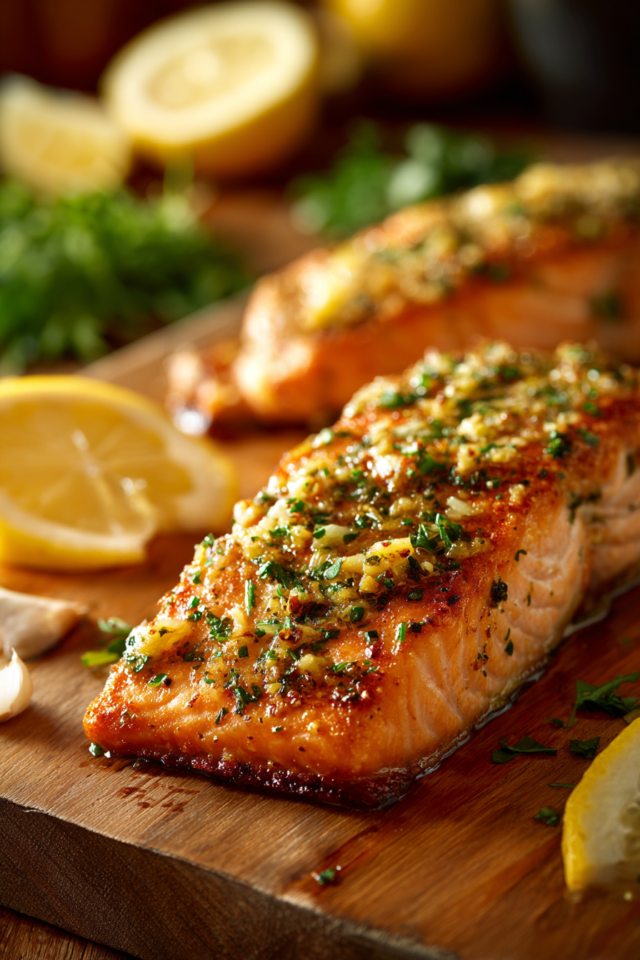 Close-up of lemon garlic baked salmon with crispy skin and lemon wedges on a rustic wooden surface