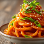 Close-up of creamy gochujang udon noodles twirled in a bowl, garnished with sliced green onions and toasted sesame seeds, showcasing warm red-orange sauce and creamy texture