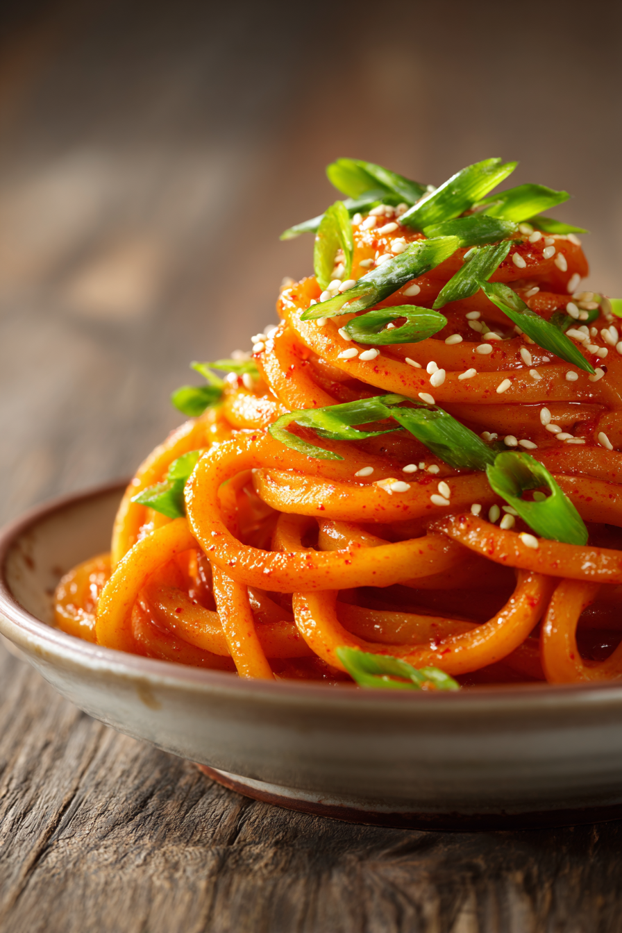 Close-up of creamy gochujang udon noodles twirled in a bowl, garnished with sliced green onions and toasted sesame seeds, showcasing warm red-orange sauce and creamy texture