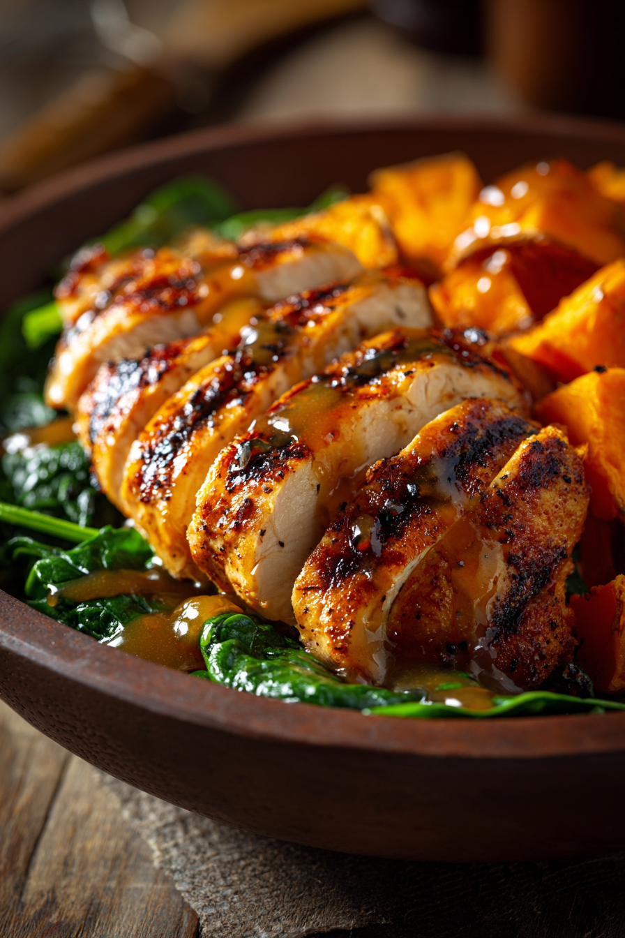Close-up of a rustic bowl with pan-seared chicken breast glazed with maple Dijon sauce, roasted sweet potatoes, and fresh wilted spinach on a wooden surface