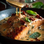 Close-up of pan-seared salmon fillet with crispy golden brown skin served with creamy sun-dried tomato sauce, garnished with fresh basil on a rustic wooden surface in warm natural lighting