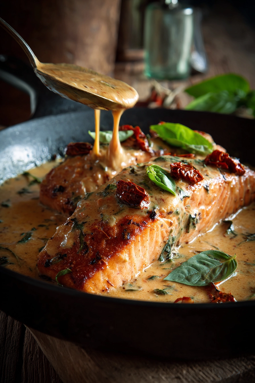 Close-up of pan-seared salmon fillet with crispy golden brown skin served with creamy sun-dried tomato sauce, garnished with fresh basil on a rustic wooden surface in warm natural lighting