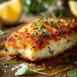 Close-up of golden parmesan-crusted white fish fillet with crispy crust on rustic wooden surface, garnished with lemon wedges and fresh herbs