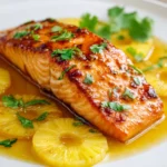 Close-up of a golden brown pan-seared salmon fillet glazed with bright yellow pineapple sauce, garnished with thin pineapple slices and fresh green cilantro on a white round plate with warm natural light