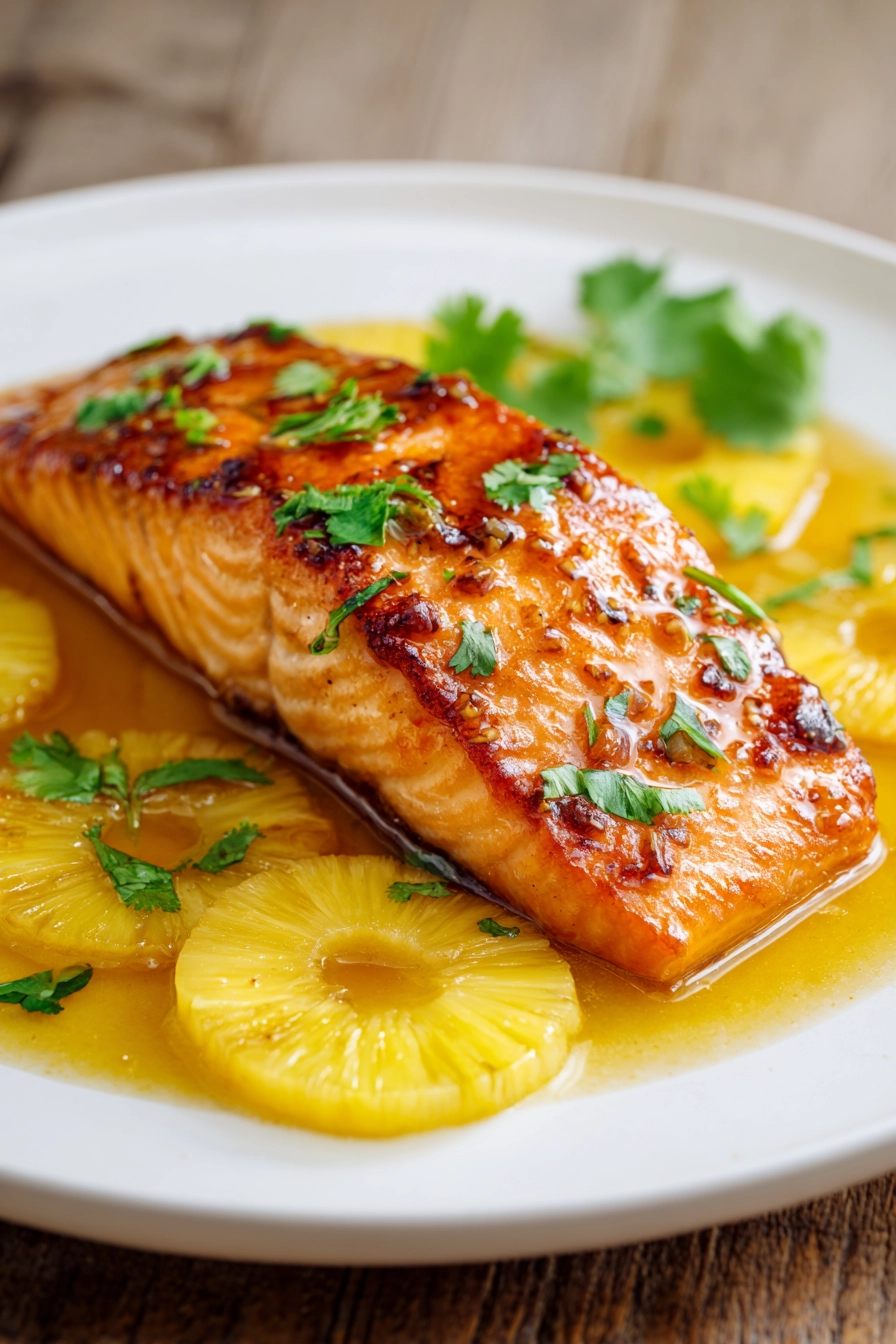 Close-up of a golden brown pan-seared salmon fillet glazed with bright yellow pineapple sauce, garnished with thin pineapple slices and fresh green cilantro on a white round plate with warm natural light
