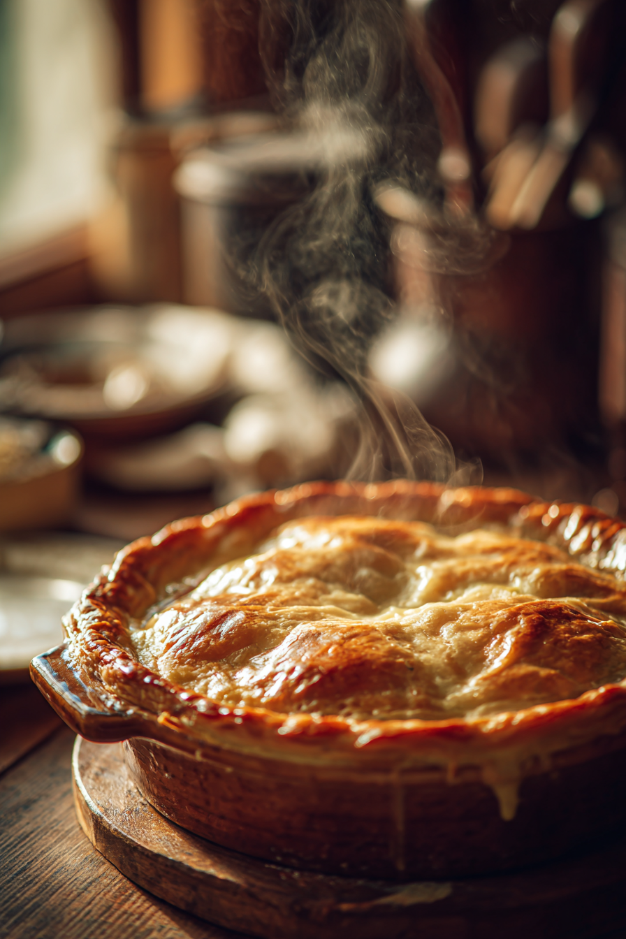 Close-up of pot pie casserole with golden flaky crust and creamy filling on rustic wooden table, warm natural light