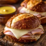 Close-up of two toasted pretzel sandwich halves stacked on a wooden board with melted Swiss cheese oozing, sliced deli ham inside, and a small ramekin of Dijon mustard on the side