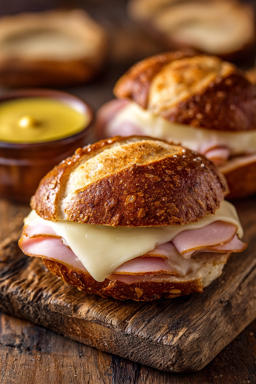 Close-up of two toasted pretzel sandwich halves stacked on a wooden board with melted Swiss cheese oozing, sliced deli ham inside, and a small ramekin of Dijon mustard on the side