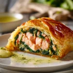 Close-up of a rectangular slice of salmon Wellington with golden brown puff pastry and green spinach filling, served with a dollop of dill lemon butter sauce on a white round plate