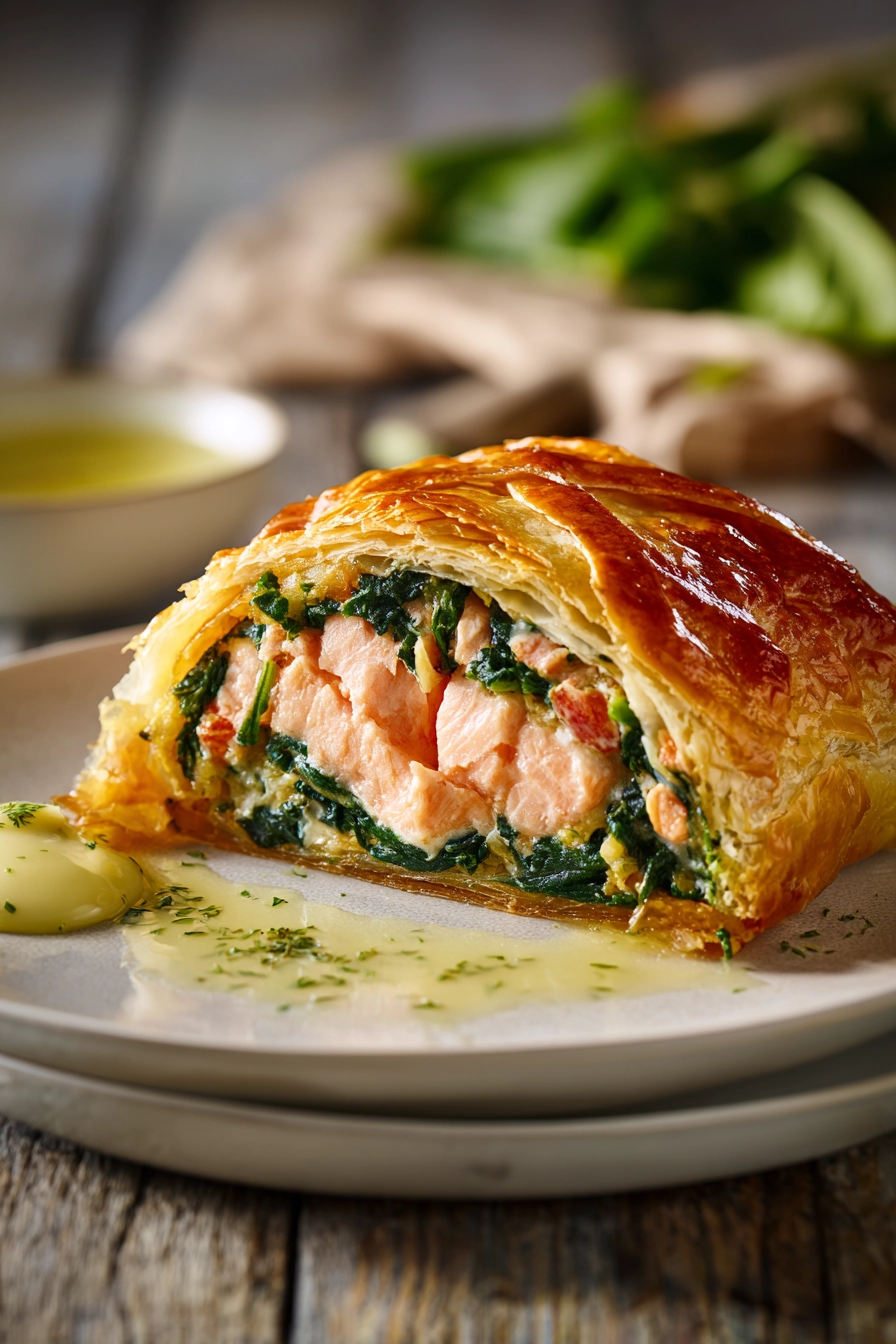 Close-up of a rectangular slice of salmon Wellington with golden brown puff pastry and green spinach filling, served with a dollop of dill lemon butter sauce on a white round plate