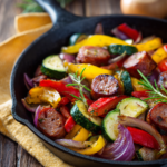 Close-up of a rustic sausage and vegetable skillet with peppers, zucchini, and onions on a wooden surface in warm natural lighting