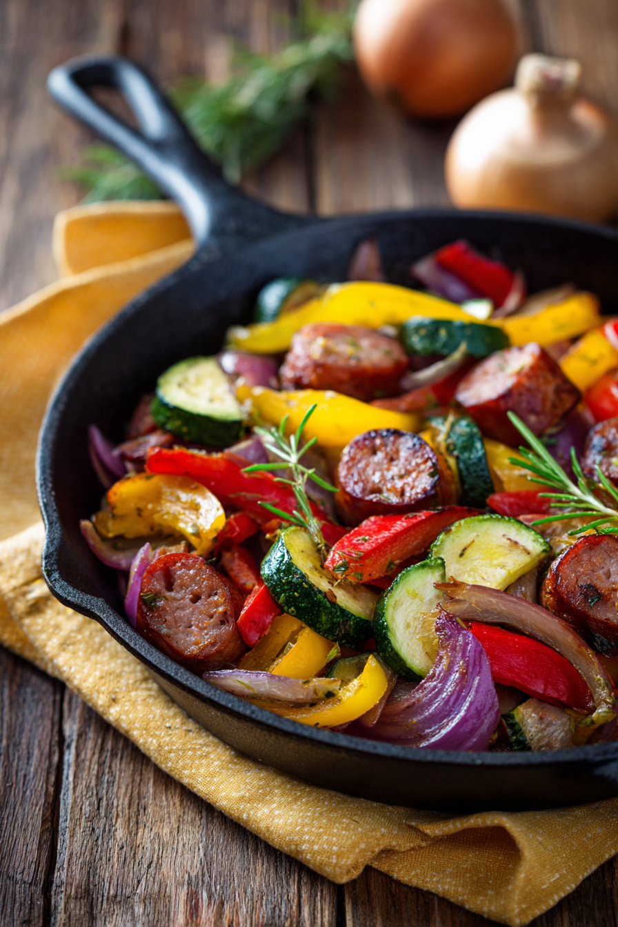 Close-up of a rustic sausage and vegetable skillet with peppers, zucchini, and onions on a wooden surface in warm natural lighting