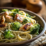 Close-up of creamy skinny chicken broccoli alfredo pasta with grilled chicken and broccoli on rustic wooden background