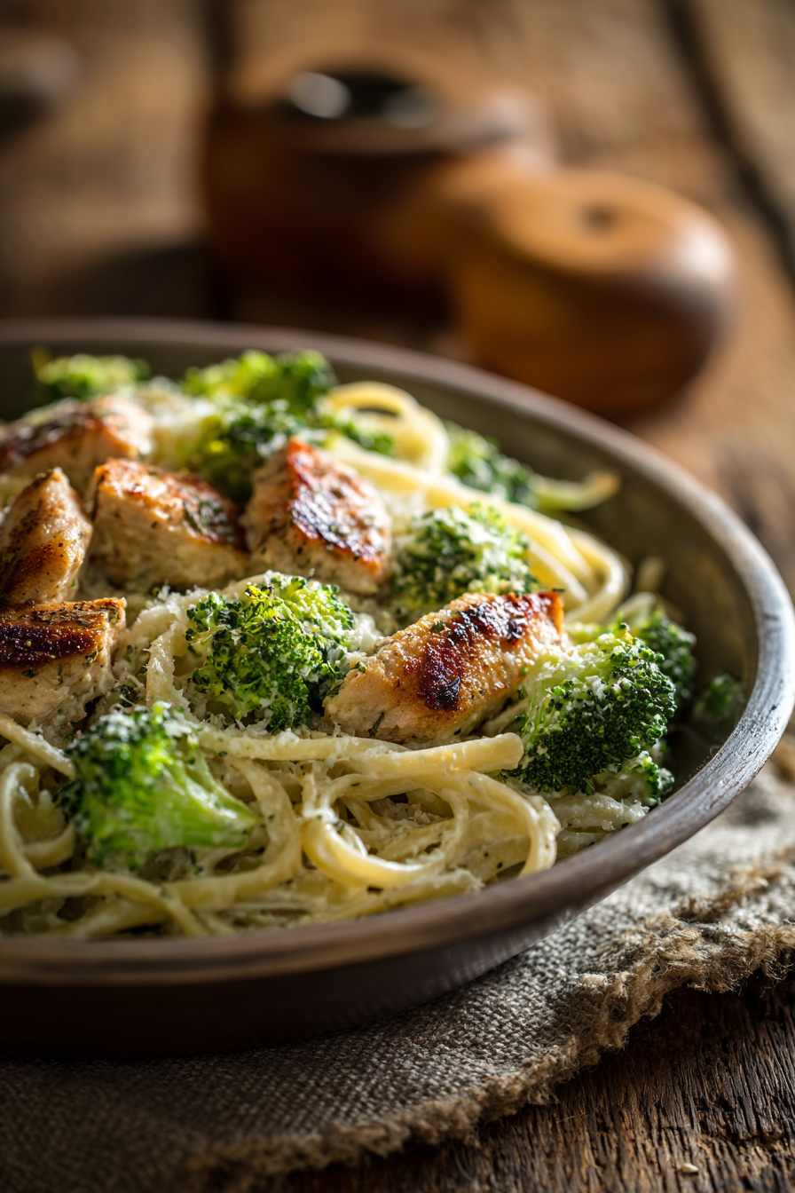 Close-up of creamy skinny chicken broccoli alfredo pasta with grilled chicken and broccoli on rustic wooden background